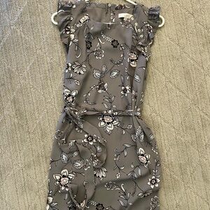 LOFT lilac and white dress with ruffle sleeve and tie waist